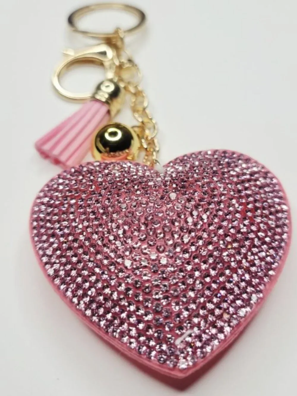 NWT Big Pink And Gold Puffy Heart Keychain With Tassel Purse Charm That Sparkles
